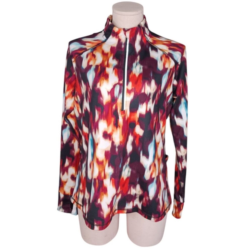 Xersion Womens Petite Medium PM Athletic Vented Running Top Abstract Thumb Holes